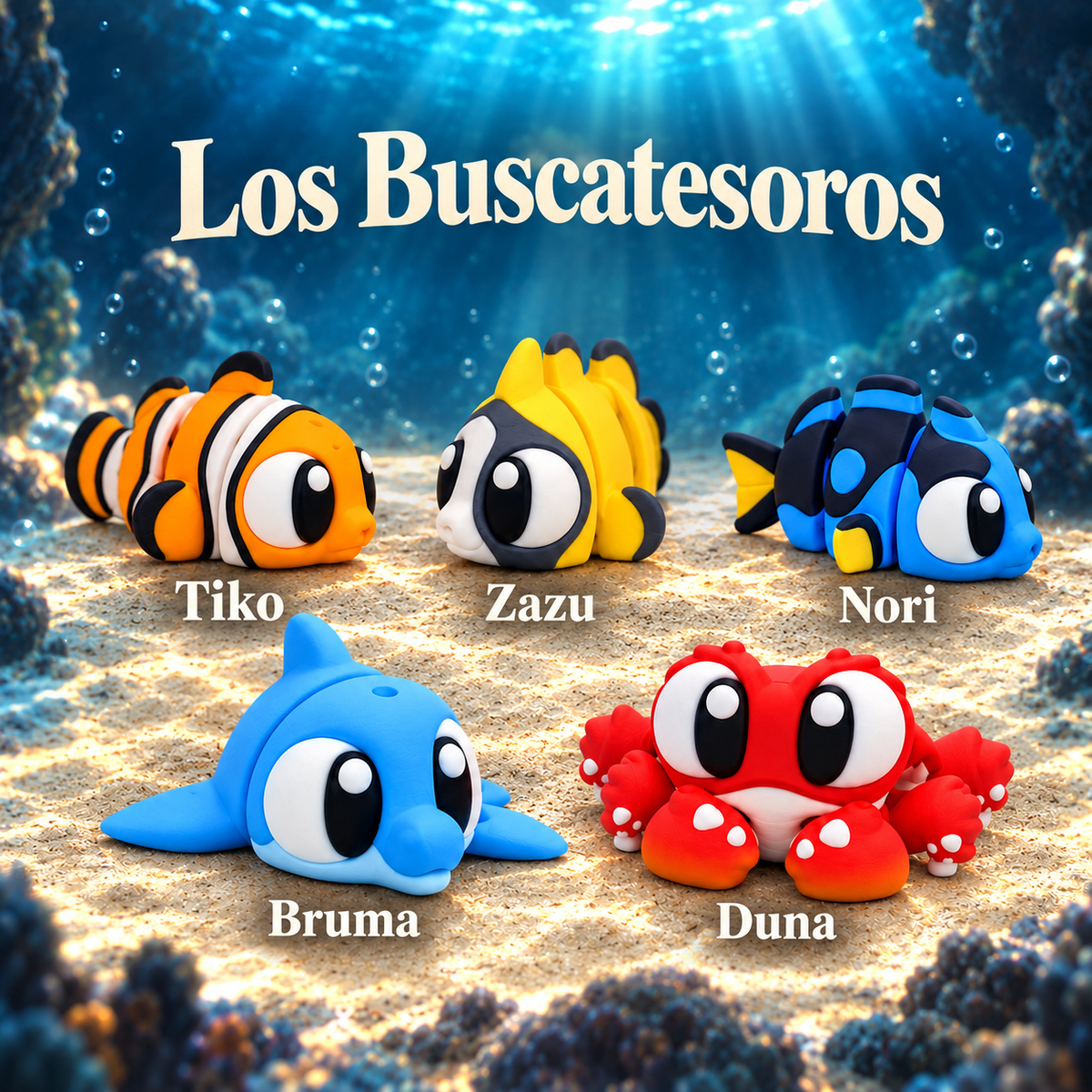 Los Buscatesoros identificados por nombre: Tiko, Zazu, Nori, Bruma y Duna.