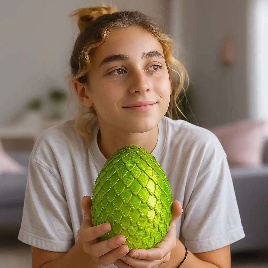 Adolescente de 15 años sosteniendo un huevo de dragón verde silk impreso en 3D por Finny Friends, juguete sensorial y coleccionable