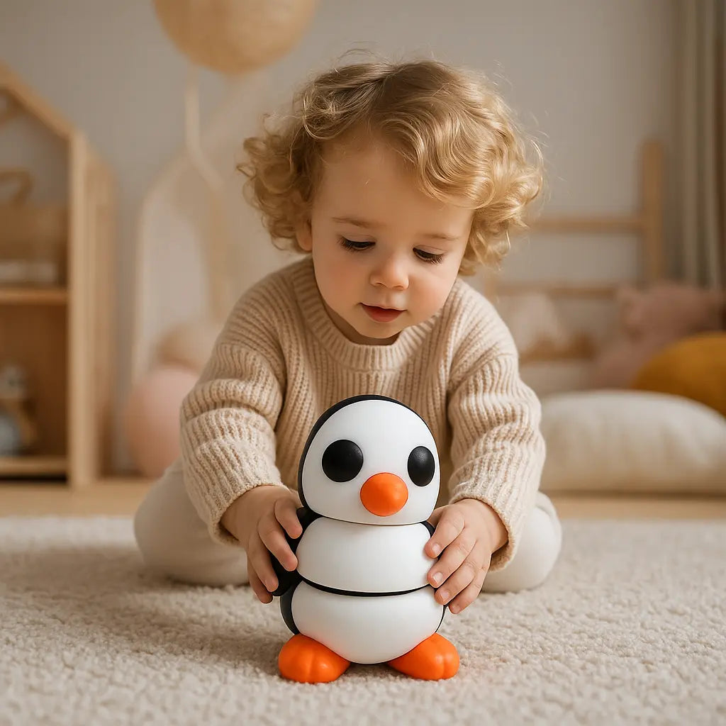 Bebé jugando en su habitación con una figura articulada de pingüino impresa en 3D por Finny Friends, juguete sensorial ecológico