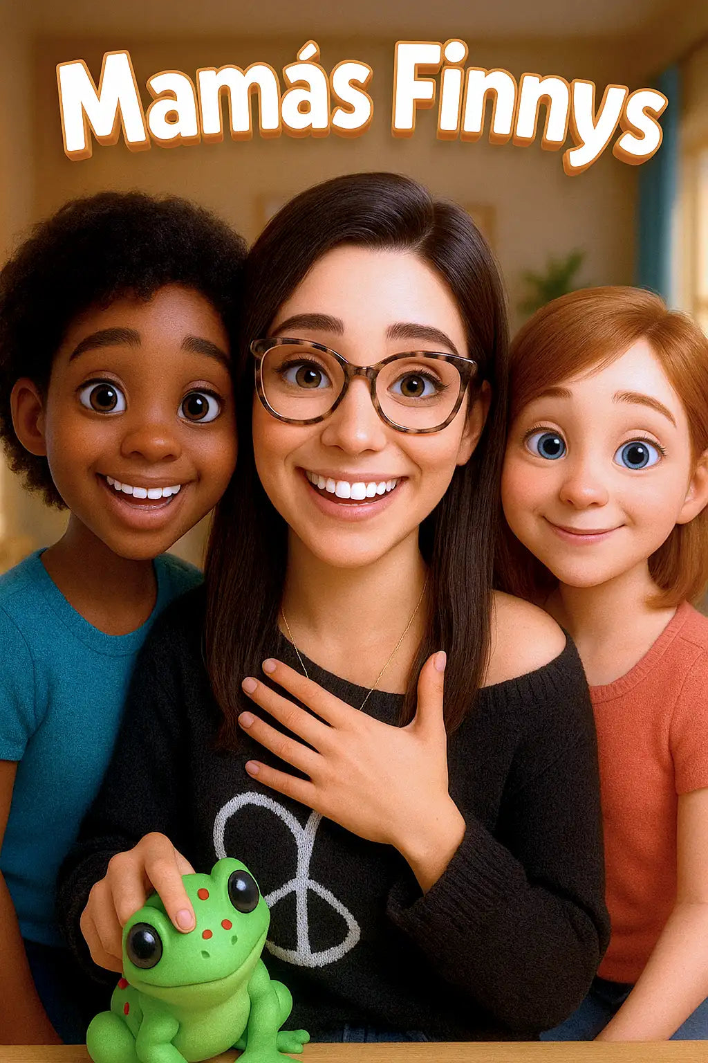 Bienvenida al Club Mamás Finnys – La fundadora junto a dos madres disfrutando un juguete fidget 3D con forma de rana, comunidad de apoyo y juego consciente