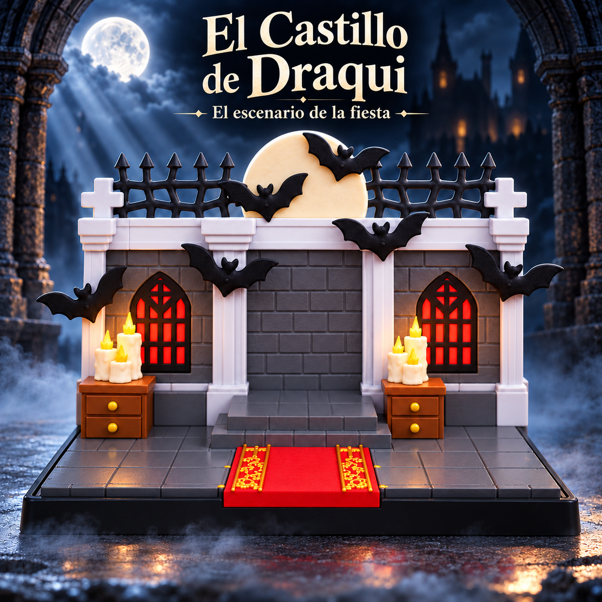 Playset del Castillo de Draqui sin personajes, con luna, murciélagos decorativos, alfombra roja y mesitas con velas.