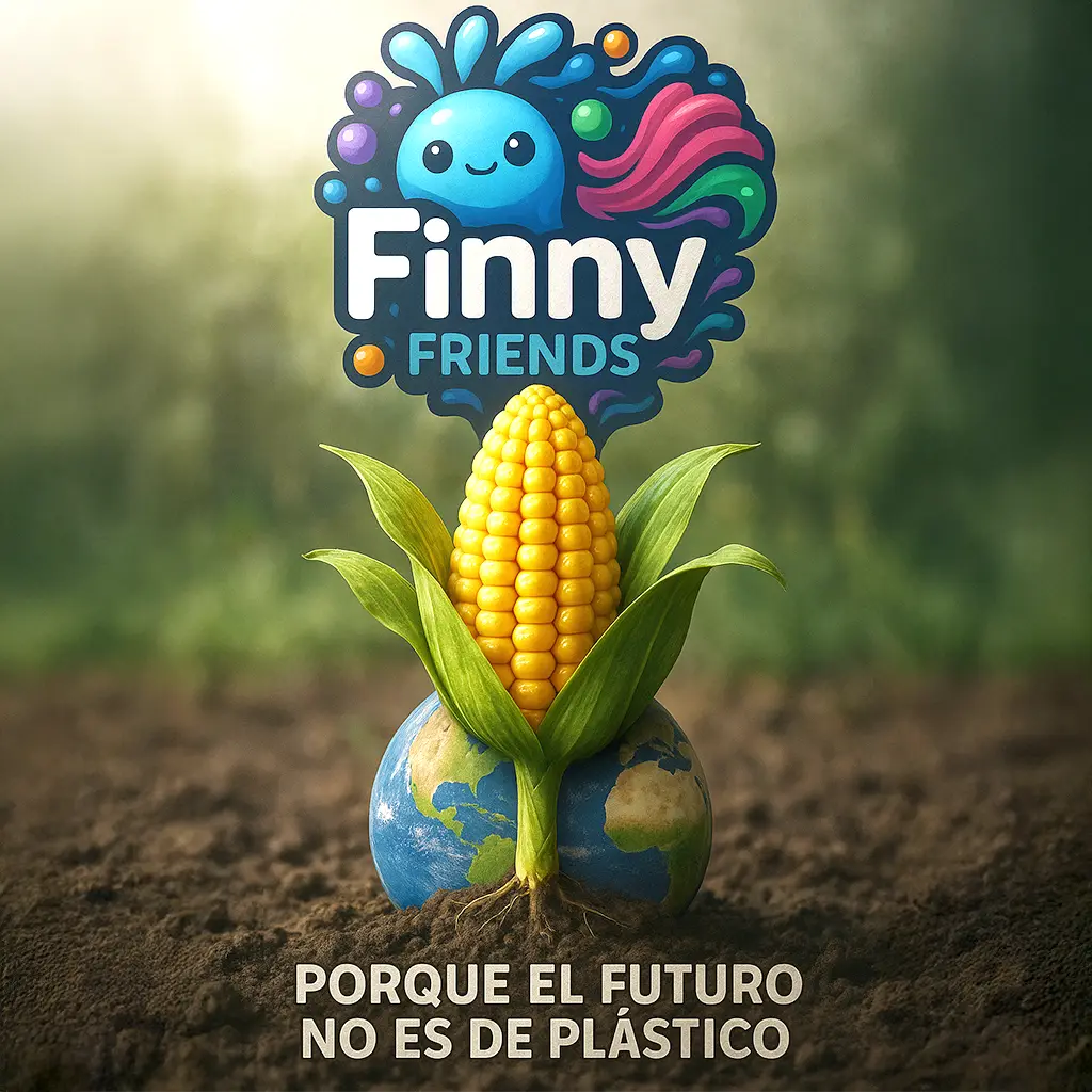 Imagen de sostenibilidad con planeta Tierra, maíz y el mensaje "El futuro no es de plástico", junto al logotipo de Finny Friends y fondo natural