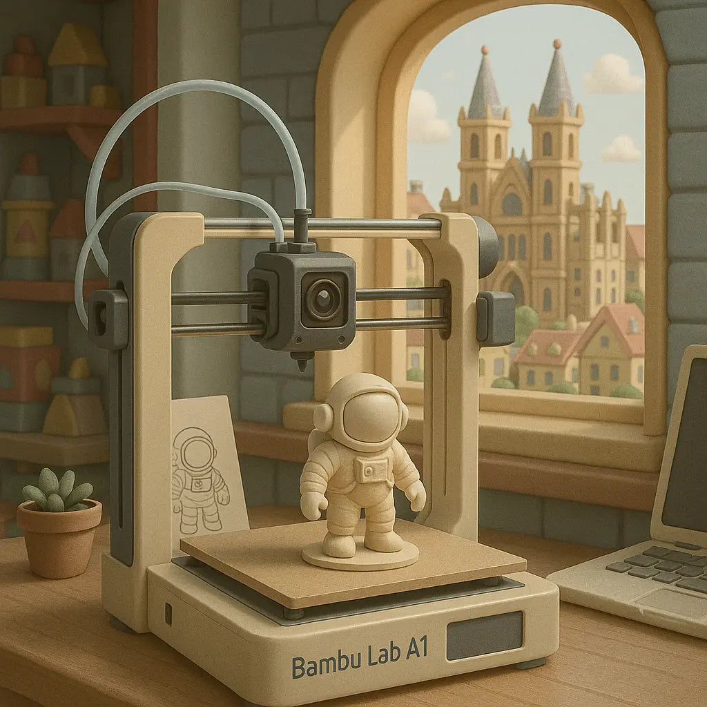 Impresora 3D trabajando con vista a la Catedral de Mallorca – Juguetes ecológicos fabricados localmente por Finny Friends