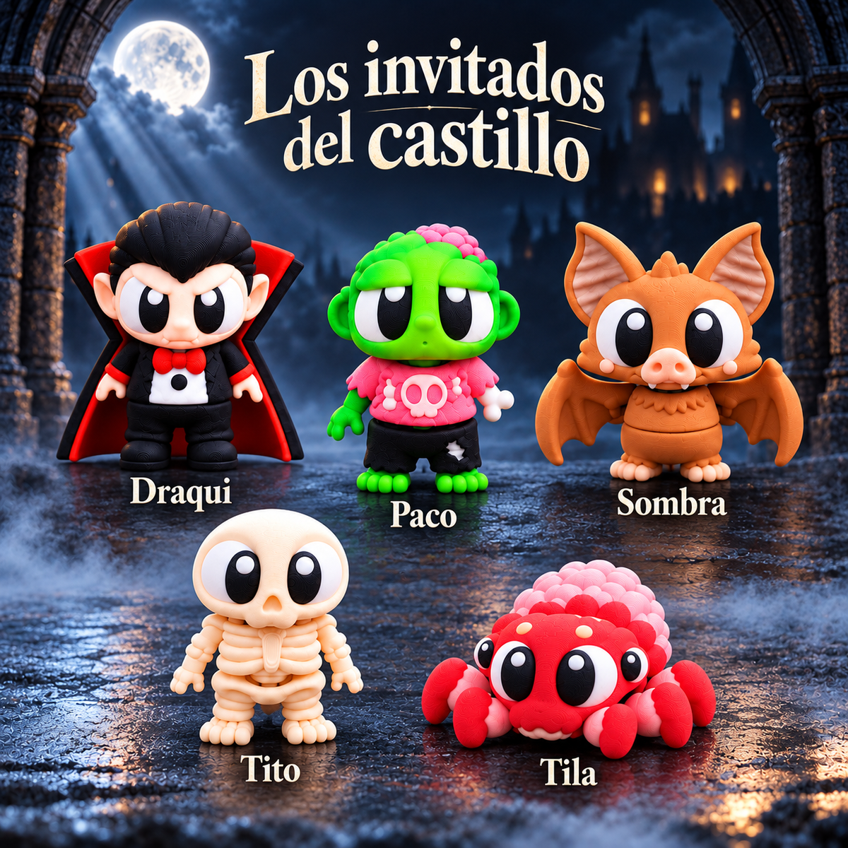 Los cinco personajes del castillo identificados por nombre: Draqui, Paco, Sombra, Tito y Tila.