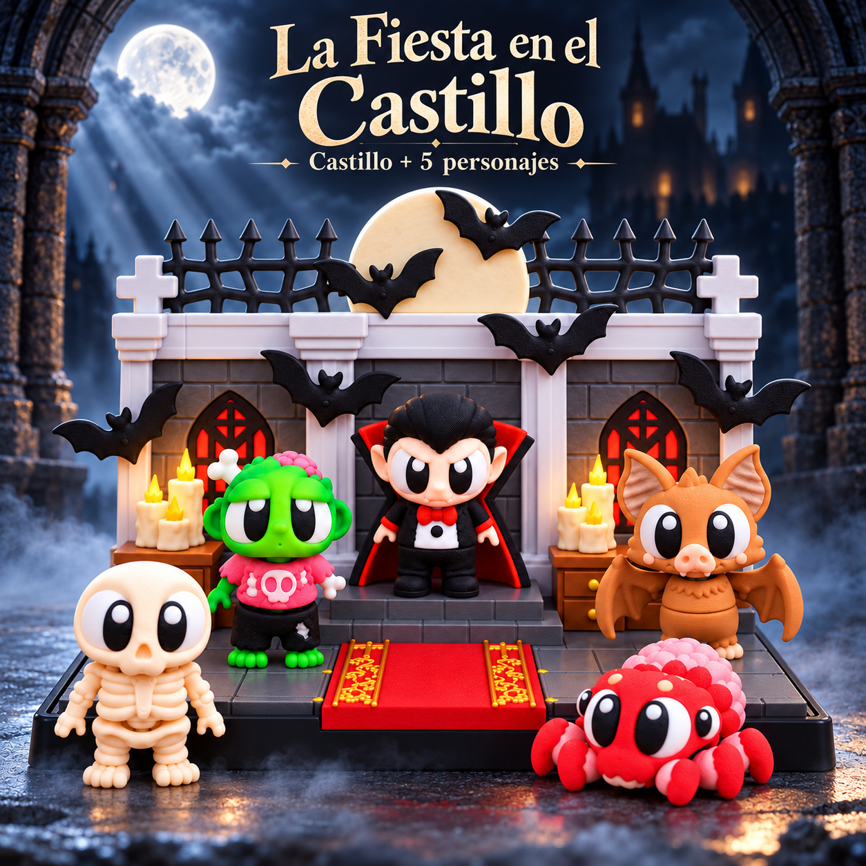 La Fiesta en el Castillo: playset de Draqui y cinco personajes Wompy Pals, con ambientación nocturna.