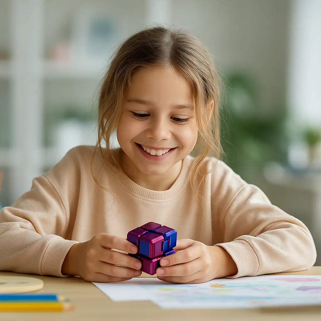 Niña de unos 8 años jugando con un cubo infinito fidget toy impreso en 3D por Finny Friends, juguete sensorial y ecológico