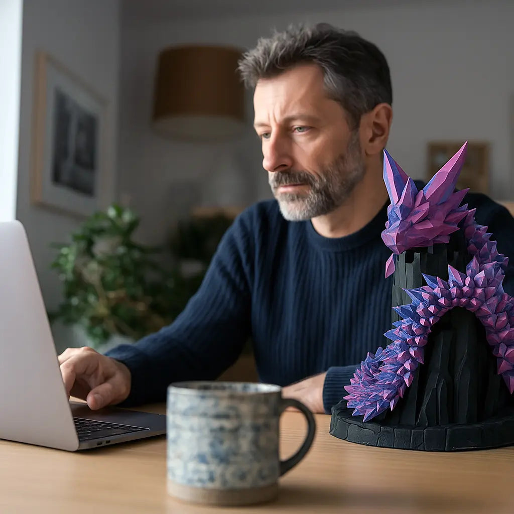 Papá de 45 años trabajando en su computadora con un dragón de cristal impreso en 3D de Finny Friends como figura decorativa en su escritorio