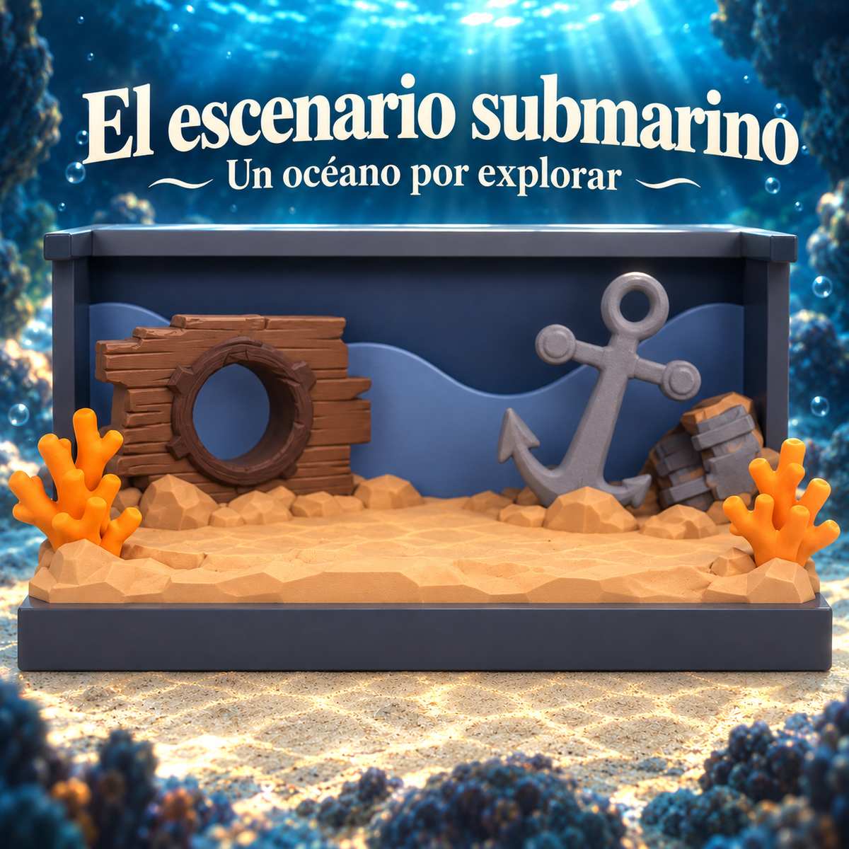 Escenario submarino sin figuras: base marina con corales naranjas, ancla, ojo de buey y barrica.