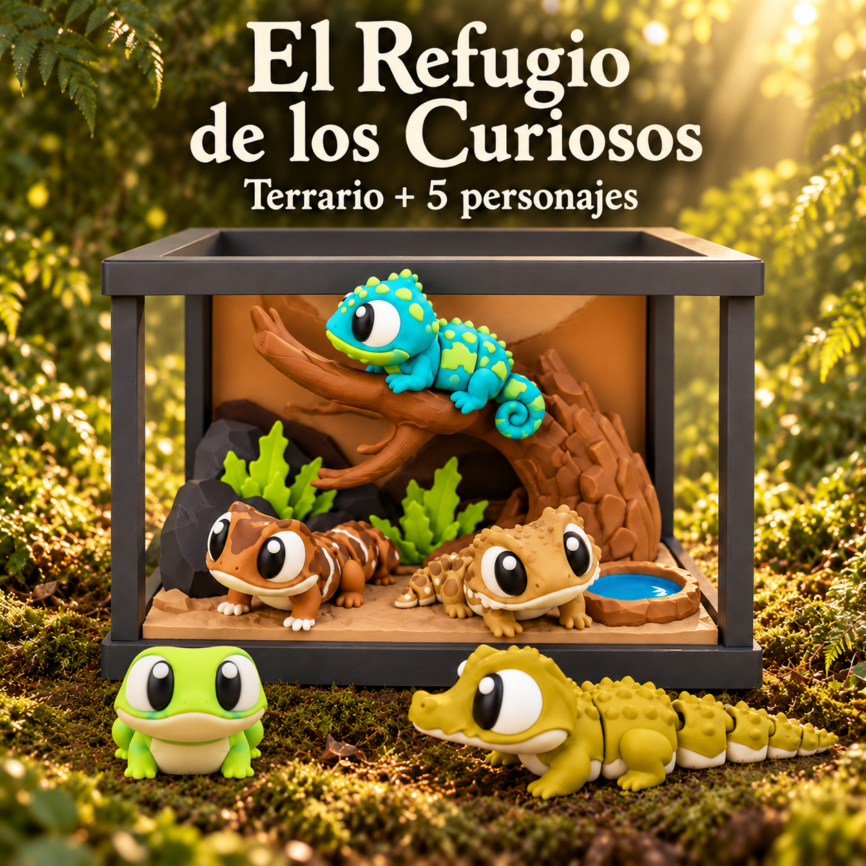 El Refugio de los Curiosos: terrario con Cami, Geco, Draco, Lili y Drilo.