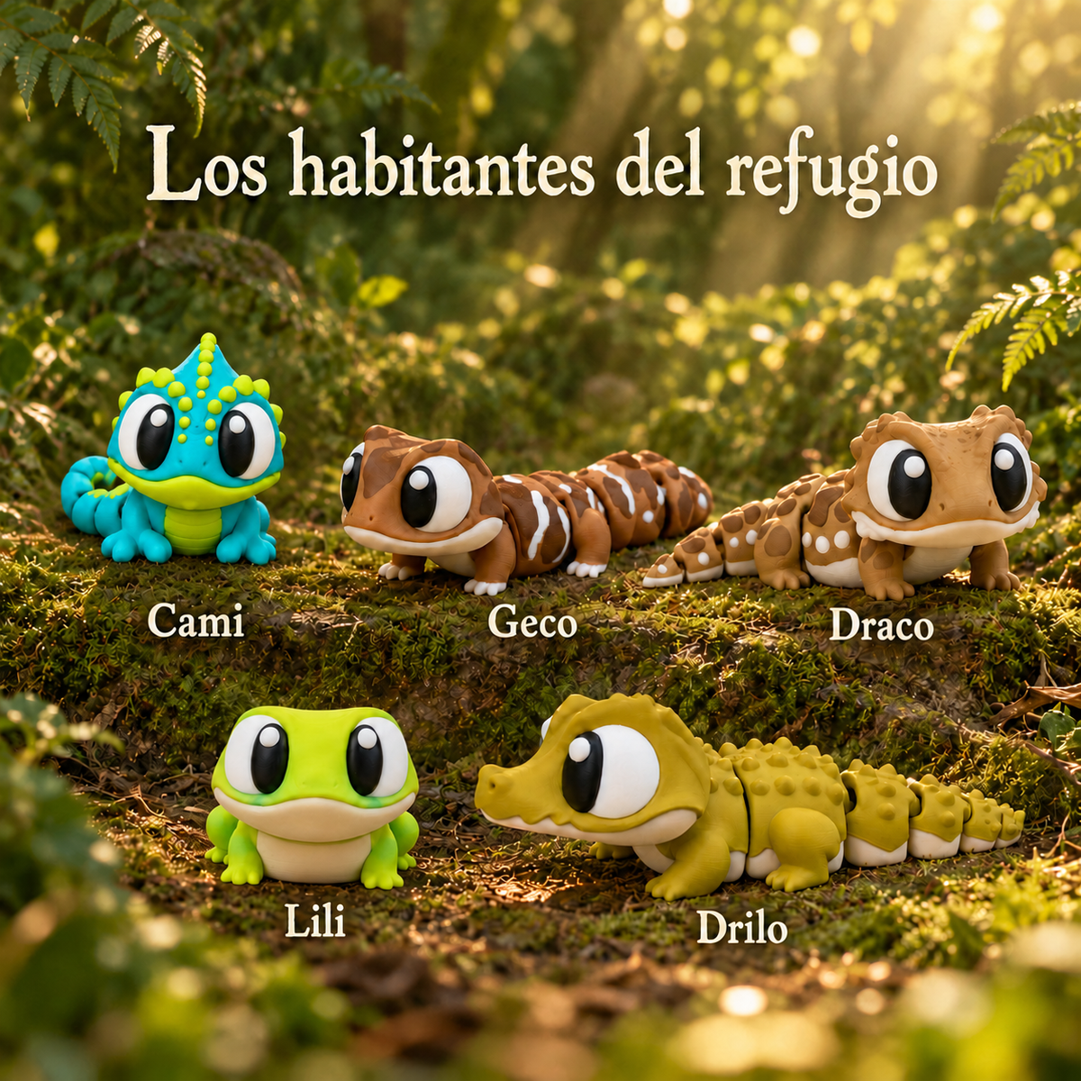 Los cinco habitantes del refugio identificados por nombre: Cami, Geco, Draco, Lili y Drilo.