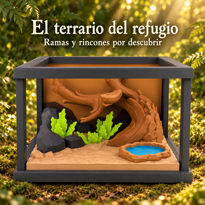 Terrario sin personajes con tronco, ramas, rocas, plantas decorativas y cuenco con agua decorativa azul.